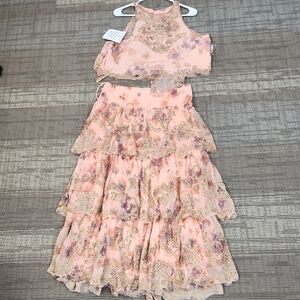 Free People Peach Floral Tiered Girls' Dress Set with Gold Lace
